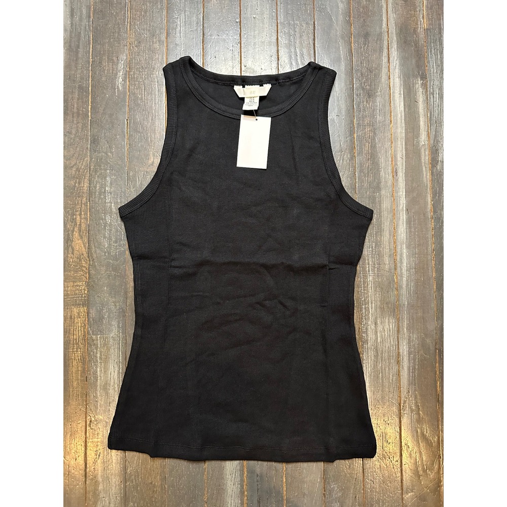 HM Women Black Ribbed Tank Top Crew Neck Sleeveless Cotton Blend